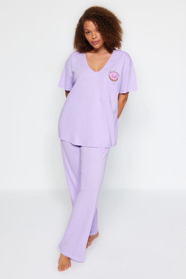Trendyol Trendyol Curve Lilac Printed, Pocket Detailed, Knitted Pajamas Set