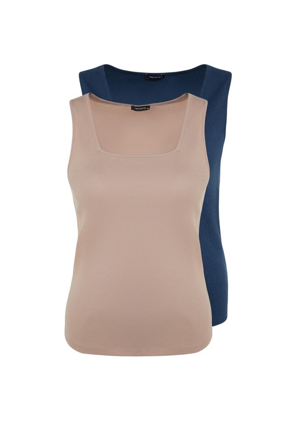Trendyol Trendyol Curve Mink-Indigo Basic Ribbed 2-Pack Square Neck Knitted Undershirt