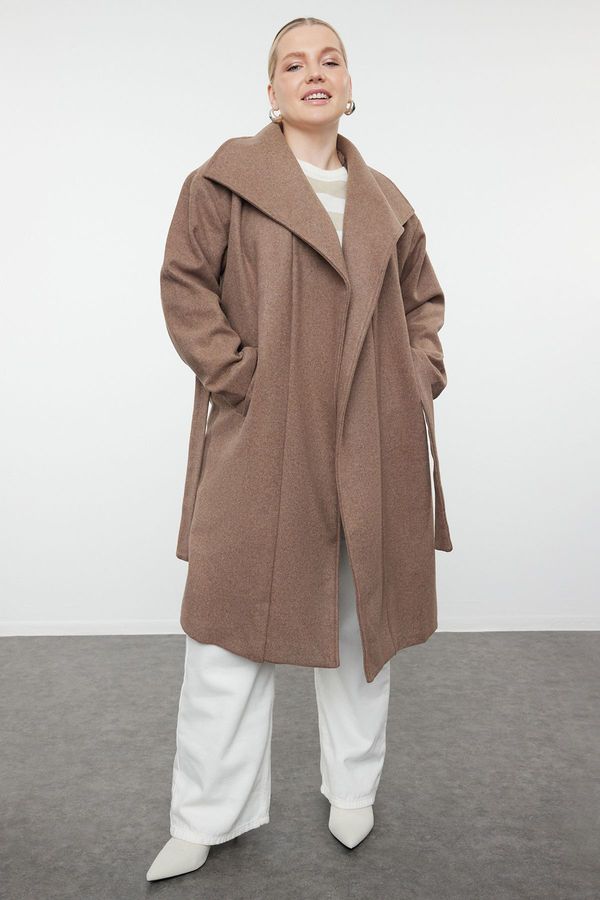 Trendyol Trendyol Curve Mink Loose Fit Belted Wide Collar Cashmere Coat