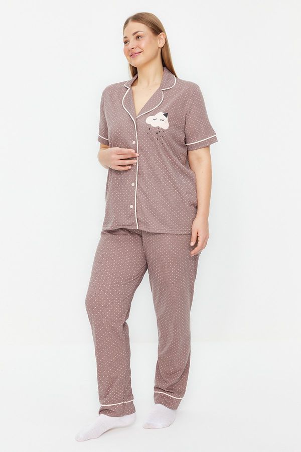 Trendyol Trendyol Curve Mink Polka Dot Patterned Shirt Collar Knitted Pajamas Set