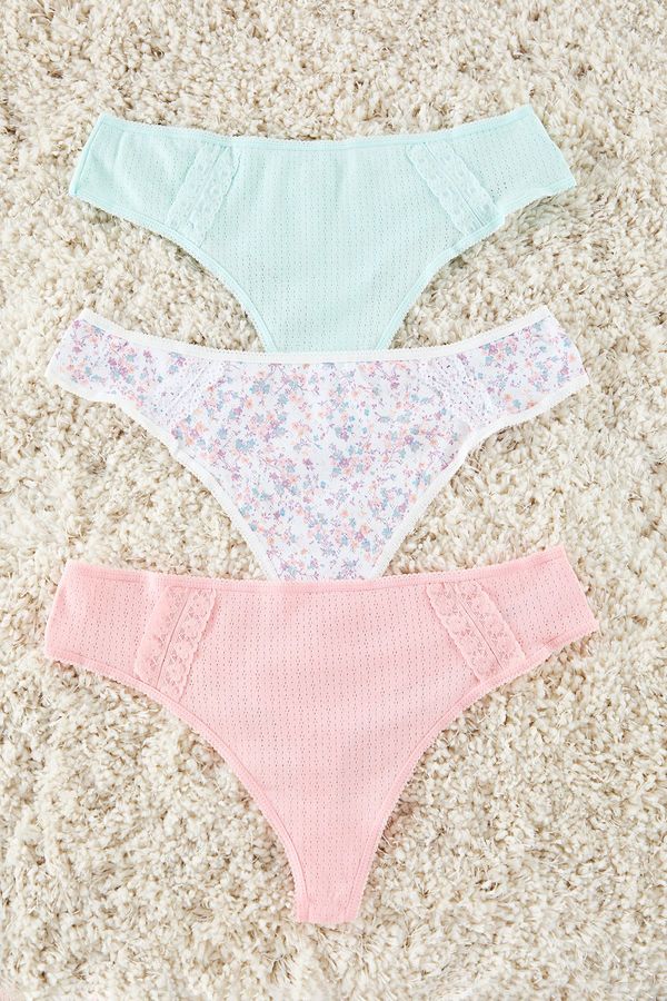 Trendyol Trendyol Curve Multicolored 3-Pack Floral-Pink-Blue 100% Cotton Pointel Openwork/Hole Panties