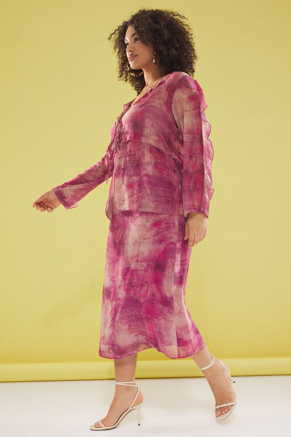 Trendyol Trendyol Curve Multicolored Bowknot V-Neck Woven Blouse-Skirt Plus Size Top-Bottom Set