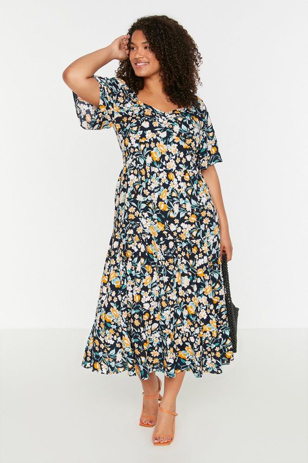 Trendyol Trendyol Curve Multicolored Floral Patterned Woven Ruffle Detail Dress