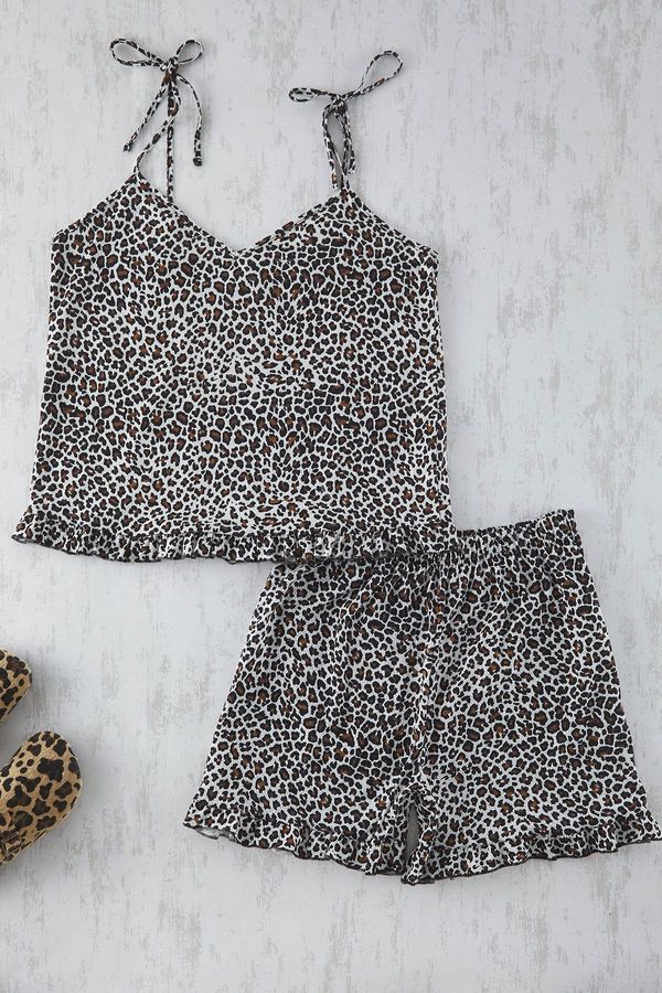 Trendyol Trendyol Curve Multicolored Leopard Patterned Strap Knitted Ruffle Detail Pajama Set