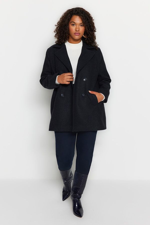 Trendyol Trendyol Curve Navy Blue Regular Fit Single Button Herringbone Patterned Cashmere Coat