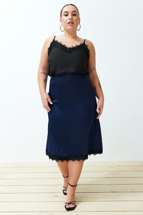 Trendyol Trendyol Curve Navy Blue Satin Midi Length Lace Woven Skirt