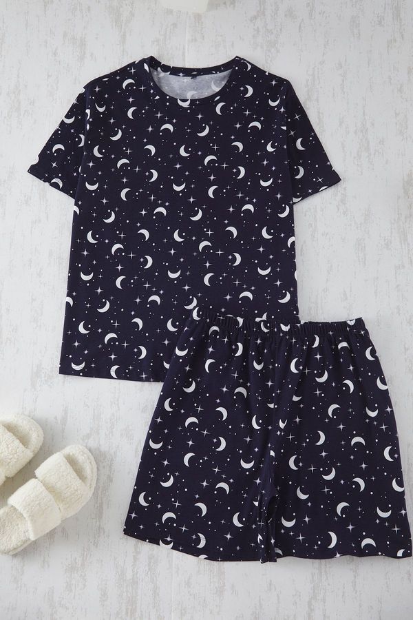 Trendyol Trendyol Curve Navy Blue Star Patterned Knitted Pajama Set