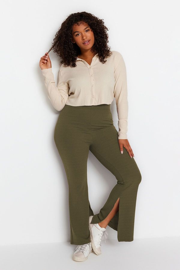 Trendyol Trendyol Curve Oil Green Bell-bottomed Flare Knit Plus Size Trousers
