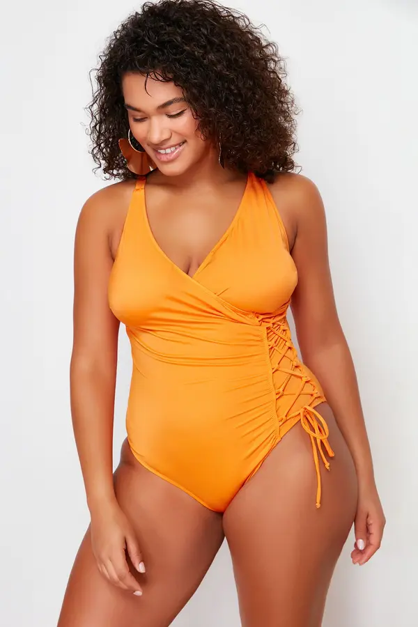 Trendyol Trendyol Curve Orange Double Breasted Tie Detail Plus Size Swimsuit