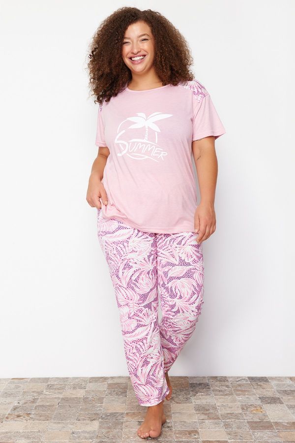Trendyol Trendyol Curve Pink Knitted Floral Pattern Knitted Pajamas Set