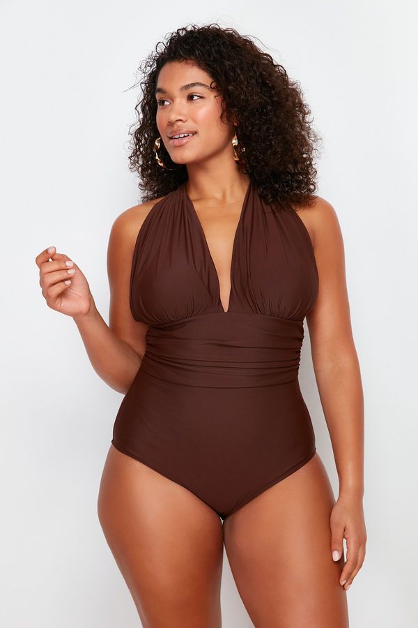 Trendyol Trendyol Curve Plus Size Throw Cap Slimming Effect Strap Deep V Neck Brown Cross Back Swimsuit