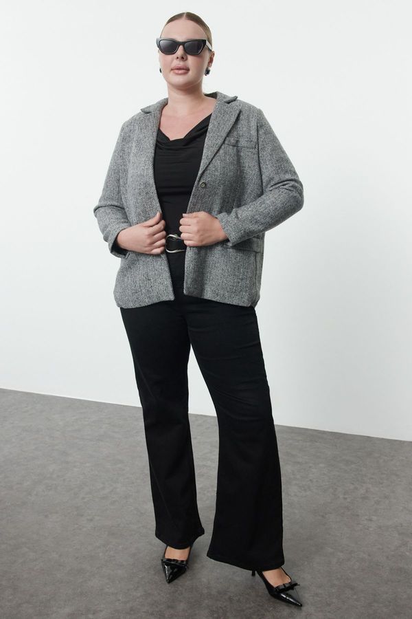 Trendyol Trendyol Curve Premium Black-White Double Breasted Padded Collar Flap Pocket Lined Woven Jacket