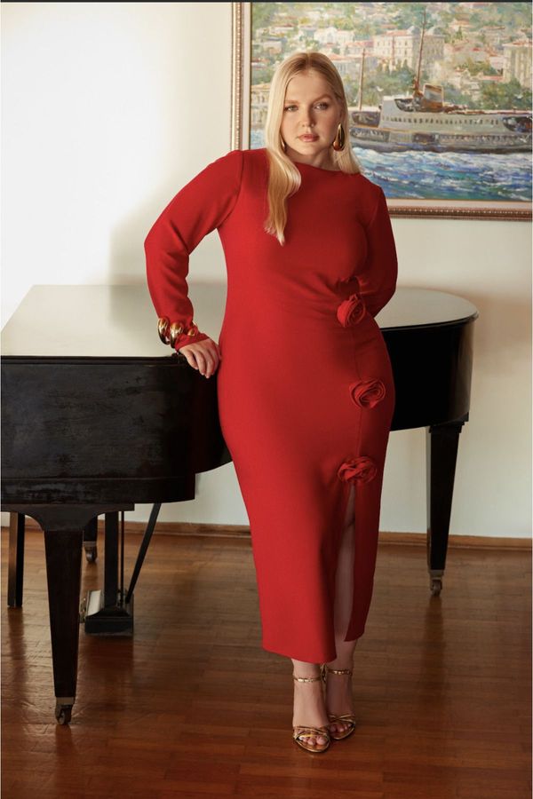 Trendyol Trendyol Curve Red Boat Neck Maxi Slit Rose Woven Plus Size Dress