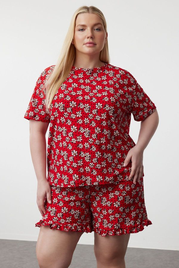 Trendyol Trendyol Curve Red Flower Patterned Knitted Pajama Set