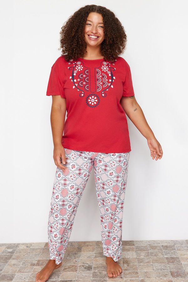 Trendyol Trendyol Curve Red Geometric Patterned Knitted Pajamas Set