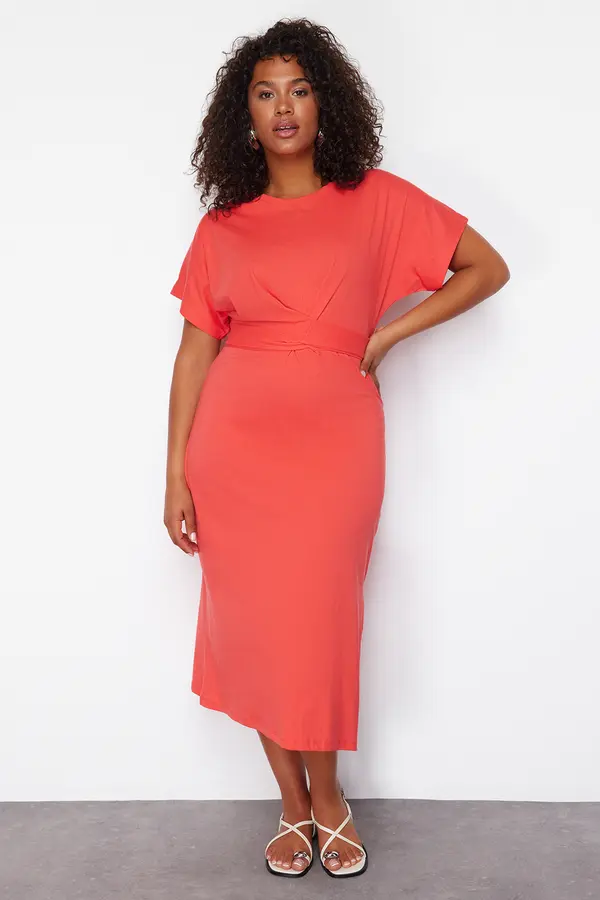 Trendyol Trendyol Curve Red Straight Cut Tie Detailed Slit Maxi/Long 100% Cotton Knitted Dress