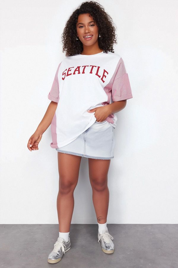 Trendyol Trendyol Curve Red Striped Printed Oversize 100% Cotton Knitted T-shirt