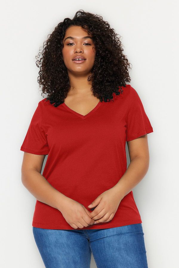 Trendyol Trendyol Curve Red V Neck Basic Knitted T-Shirt