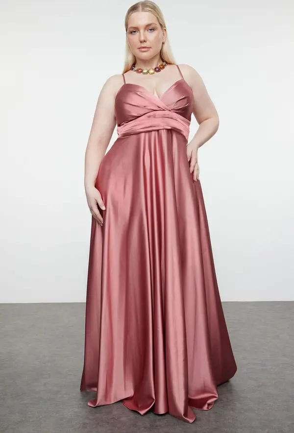 Trendyol Trendyol Curve Salmon Strappy Double Breasted A-Line Long Woven Evening Dress/Night/Graduation/Engagement Dress