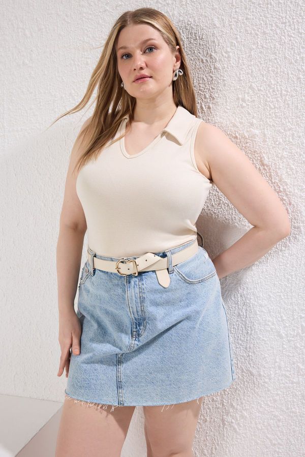 Trendyol Trendyol Curve Stone Shirt Collar Knitted Plus Size Blouse