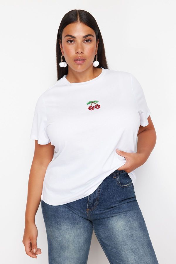 Trendyol Trendyol Curve White Crew Neck Cherry Patterned Beaded Basic Knitted T-shirt