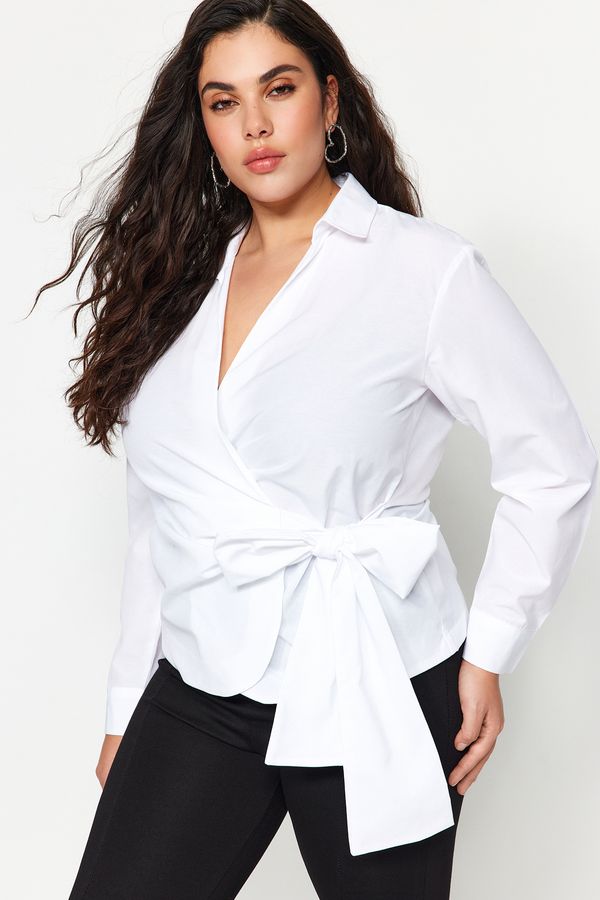 Trendyol Trendyol Curve White Double Breasted Woven Shirt with Tie Detailed