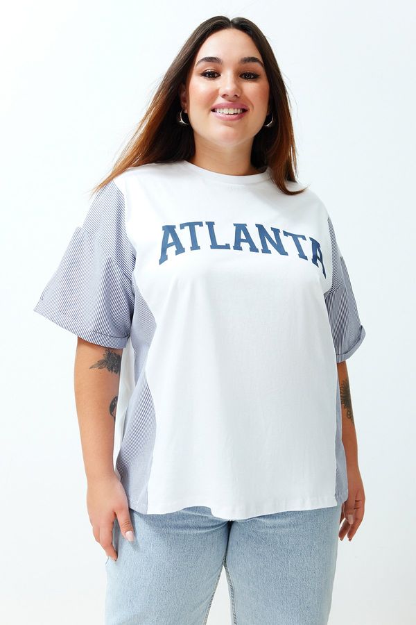 Trendyol Trendyol Curve White Striped Printed Oversize Knitted T-shirt