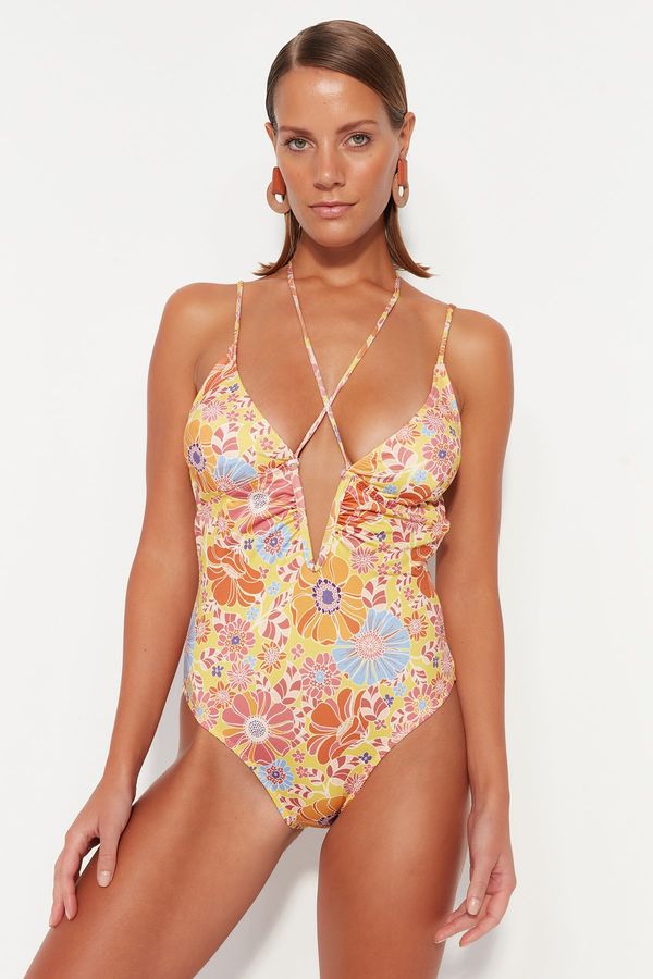 Trendyol Trendyol цветен модел дълбоко шоколад ниско нарязани обратно редовни крак бански