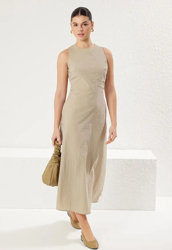 Trendyol Trendyol Dark Beige A Cut Back Detail Midi Woven Dress