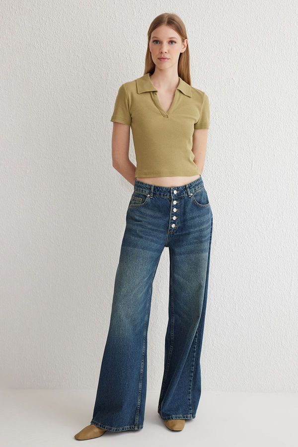 Trendyol Trendyol Dark Blue Button Front Low Waist Wide Leg Jeans