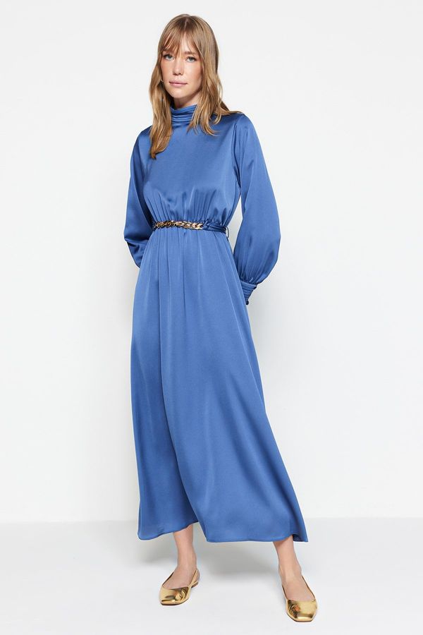 Trendyol Trendyol Dark Blue Collar and Cuff Draped Detail Belted Woven Evening Dress
