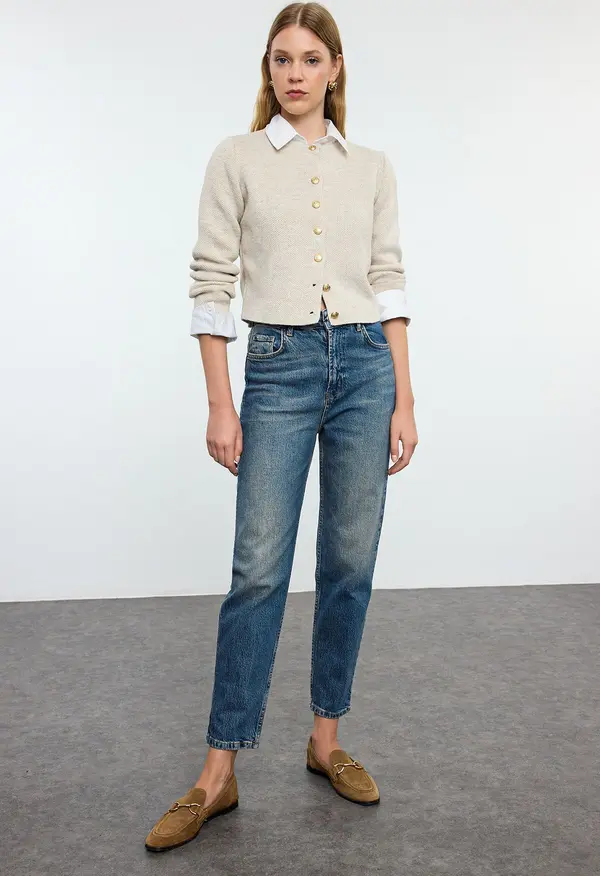 Trendyol Trendyol Dark Blue Faded Effect Vintage High Waist Slim Mom Jeans