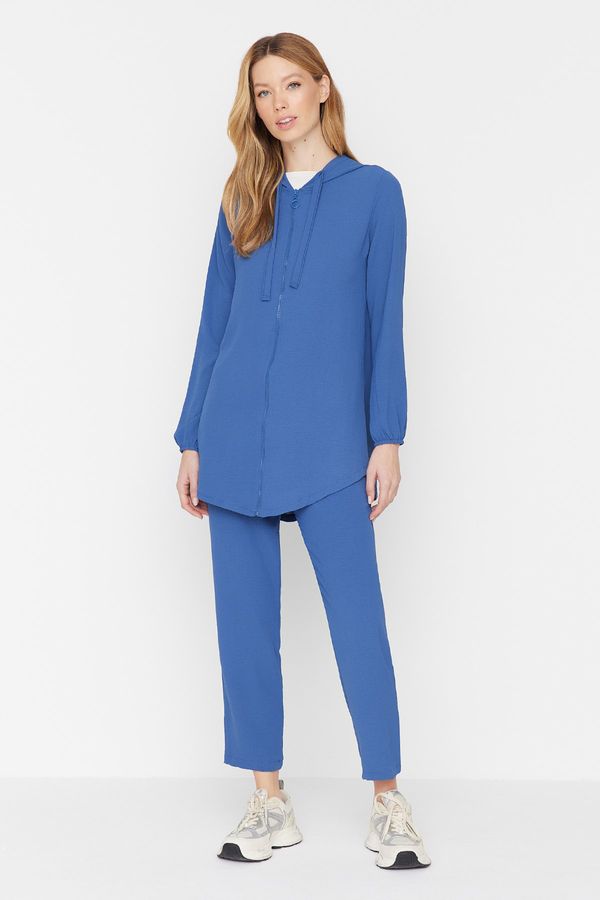 Trendyol Trendyol Dark Blue Hooded Zippered Aerobin Cardigan-Pants Woven Set