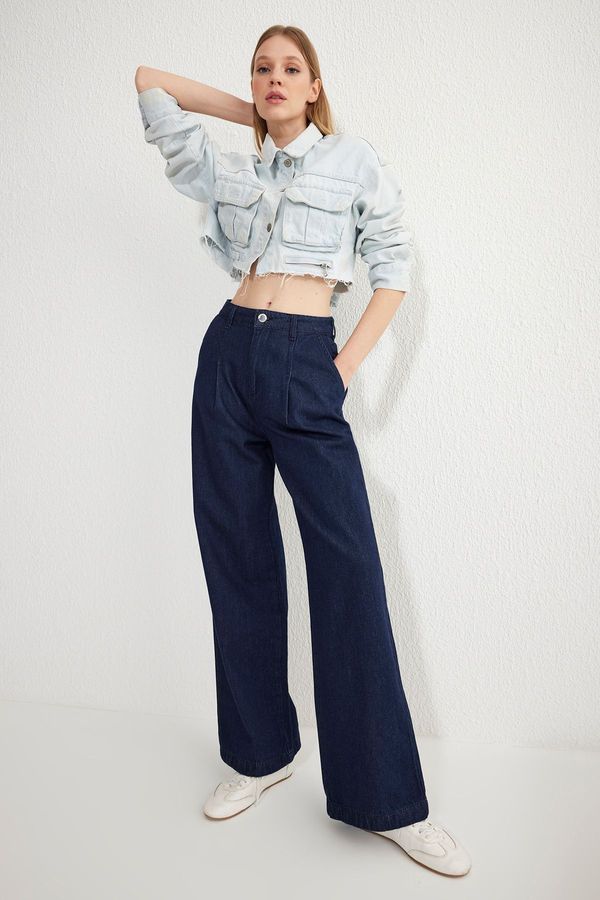 Trendyol Trendyol Dark Blue Pleated High Waist Wide Leg Jeans