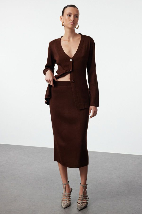 Trendyol Trendyol Dark Brown Cardigan-Skirt Knitwear Bottom-Top Set