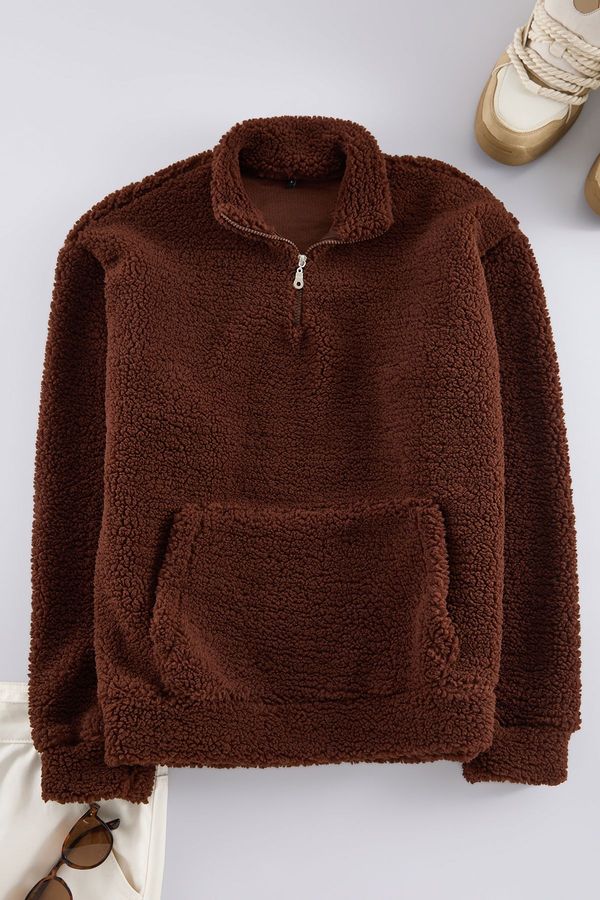 Trendyol Trendyol Dark Brown Oversize/Wide Cut Zipper Plush Sweatshirt