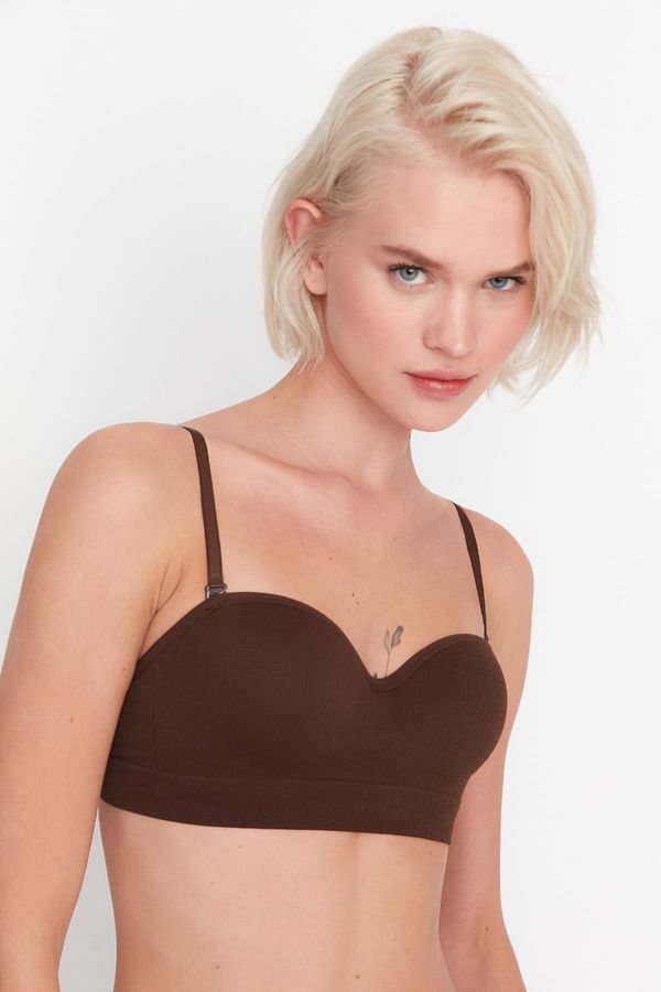 Trendyol Trendyol Dark Brown Seamless/Seamless Covered Strapless Knitted Bra with Removable Straps