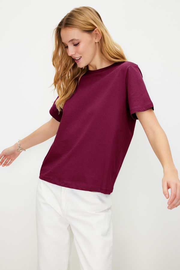 Trendyol Trendyol Dark Cherry 100% Cotton Basic Crew Neck Knitted T-Shirt
