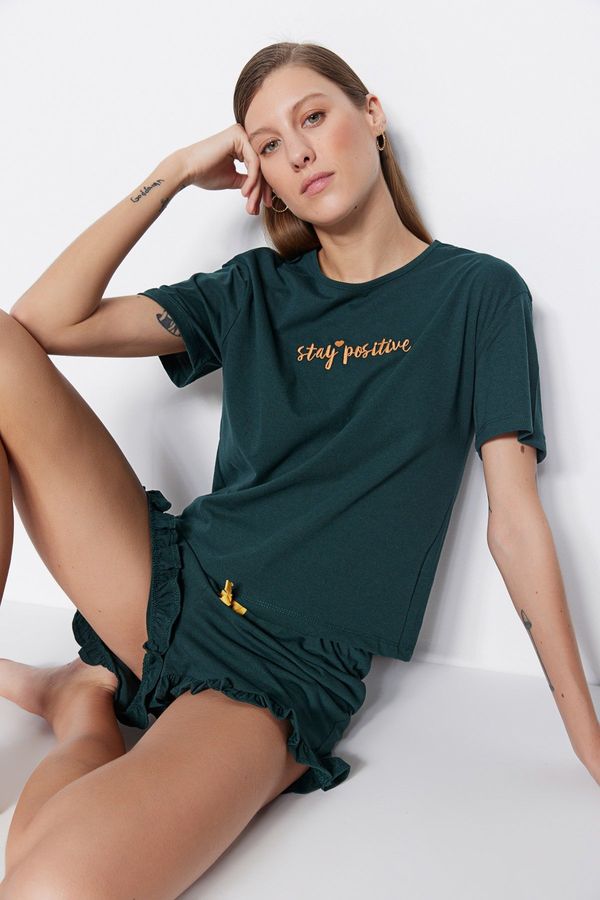 Trendyol Trendyol Dark Green 100% Cotton Embroidered Ruffle Detailed T-shirt-Shorts Knitted Pajama Set