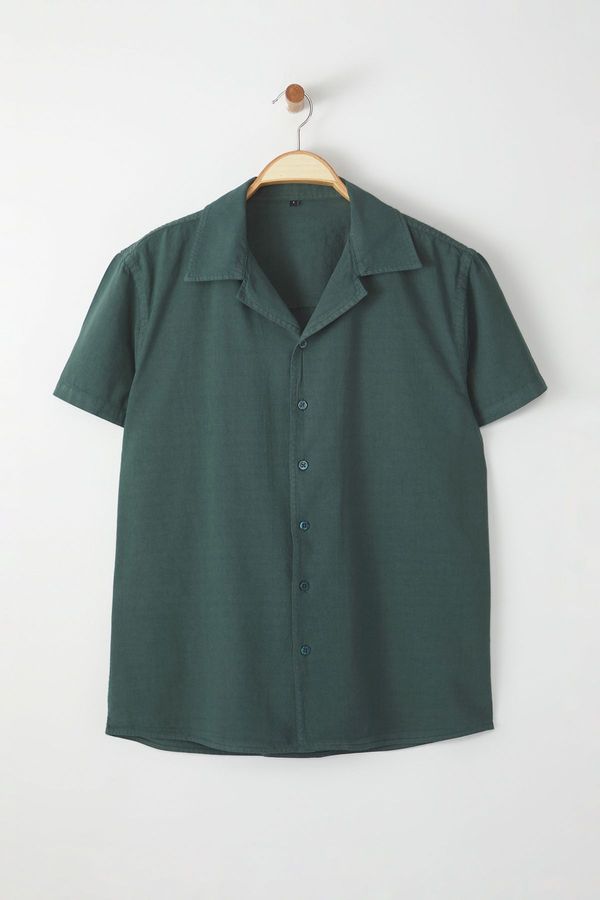 Trendyol Trendyol Dark Green Oversize Fit Applace Collar Short Sleeve Linen Look 100% Cotton Summer Shirt