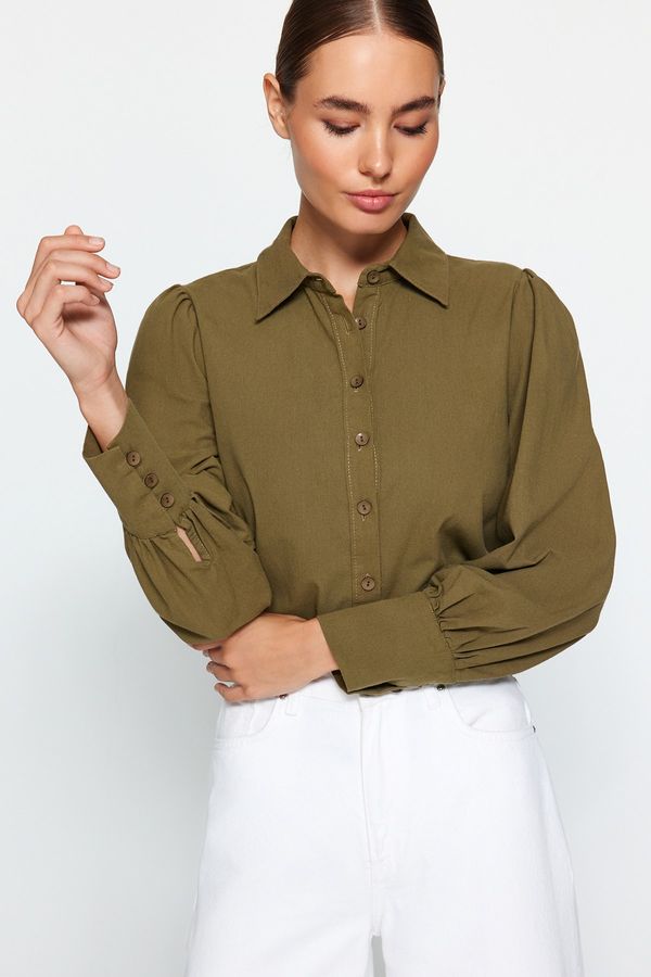 Trendyol Trendyol Dark Khaki Balloon Sleeve Cotton Woven Shirt