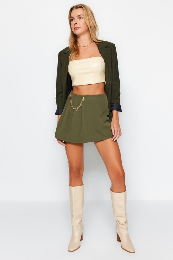 Trendyol Trendyol Dark Khaki Chain and Pleat Detailed Woven Shorts Skirt