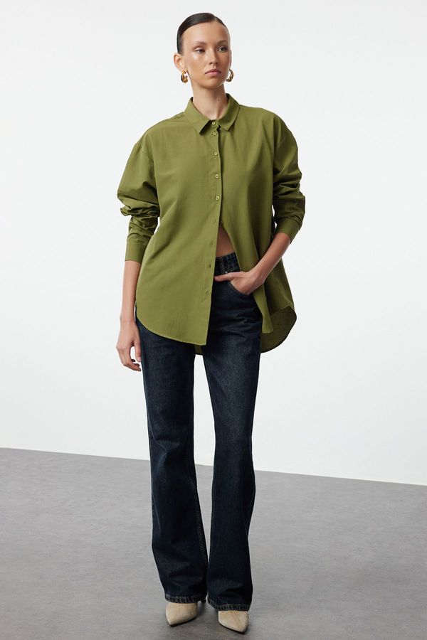 Trendyol Trendyol Dark Khaki Loose Fit Cotton Woven Shirt
