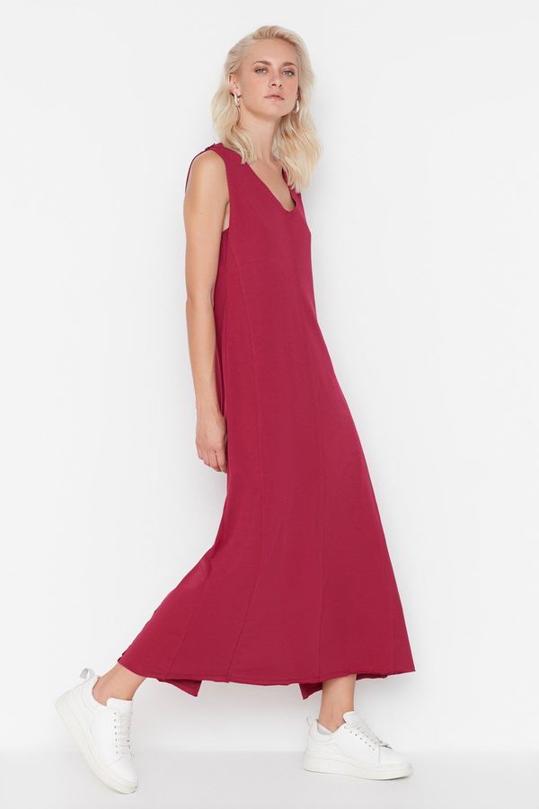Trendyol Trendyol Dark Plum V-Neck Maxi Length Knitted Dress