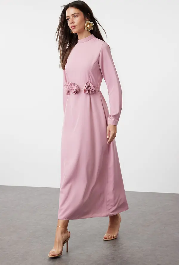 Trendyol Trendyol Dusty Rose Belted Rose Detailed Satin Woven Dress