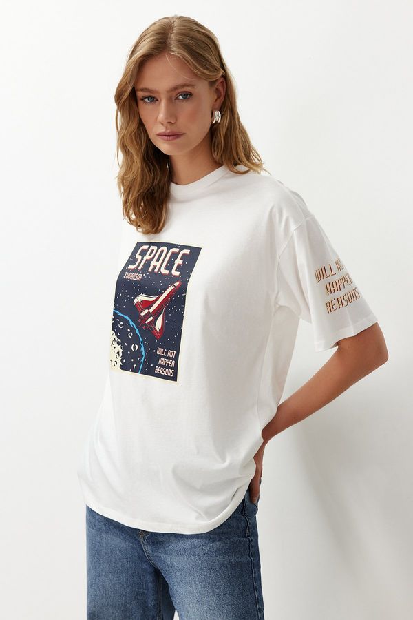 Trendyol Trendyol Ecru 100% Cotton Space Printed Oversize/Wide Fit Knitted T-Shirt