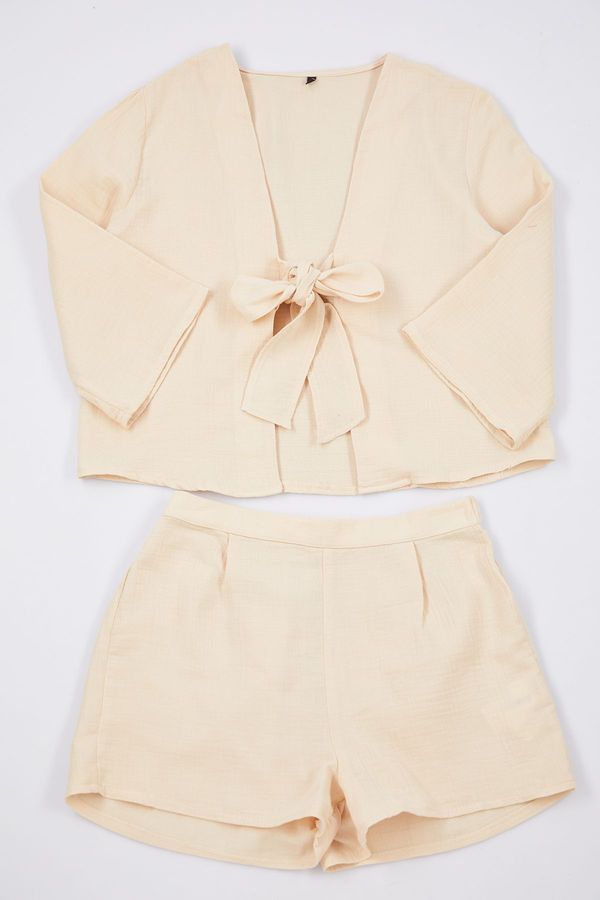 Trendyol Trendyol Ecru 100% Cotton Tie/Ribbon/Bow Detailed Muslin Woven Pajama Set