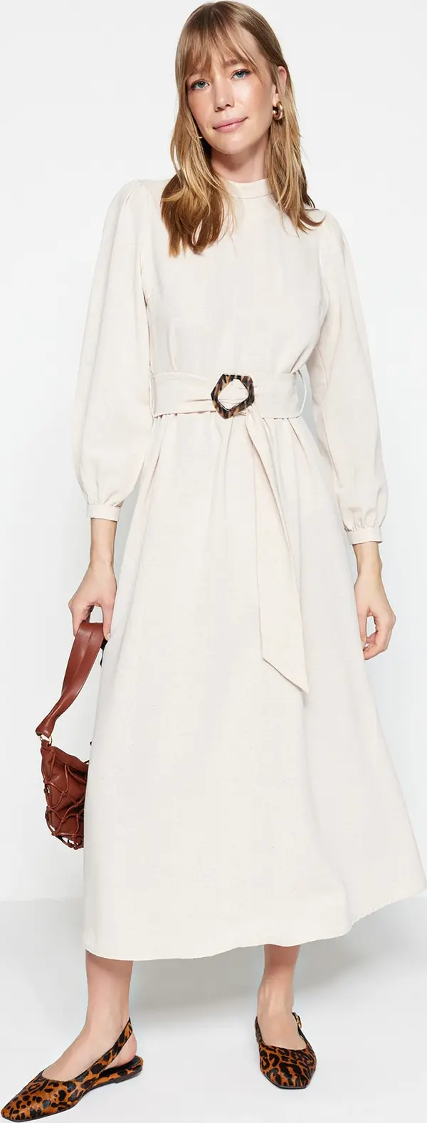 Trendyol Trendyol Ecru Belted High Neck Linen Look Woven Dress