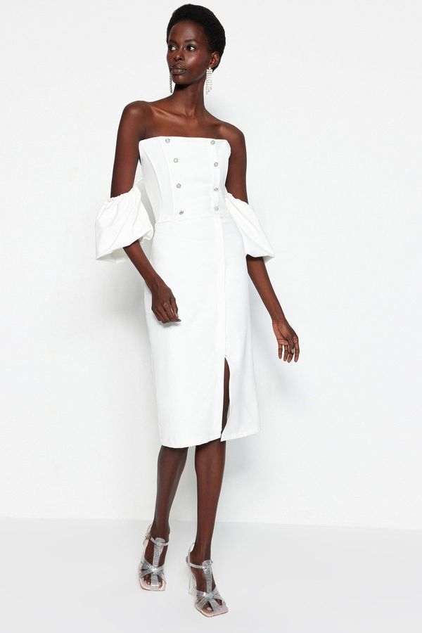 Trendyol Trendyol Ecru боди монтаж облицована булчинска вечерна рокля с тъкани аксесоари