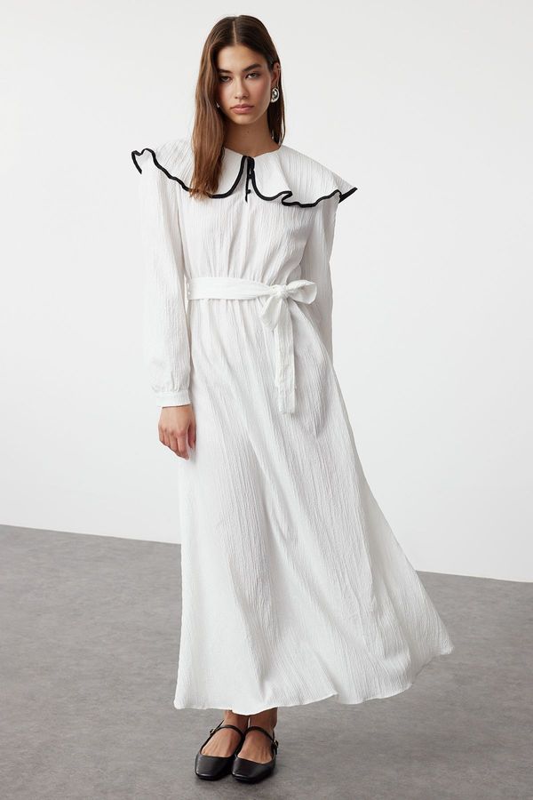 Trendyol Trendyol Ecru Collar Piping Detailed Belted Woven Dress